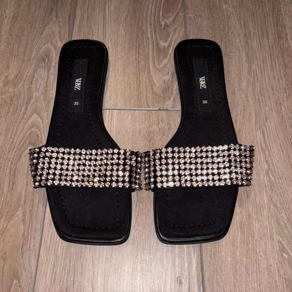 Zara Shoes - ZARA Black Slides with Silver Rhinestone Embellishments – Size 5.5